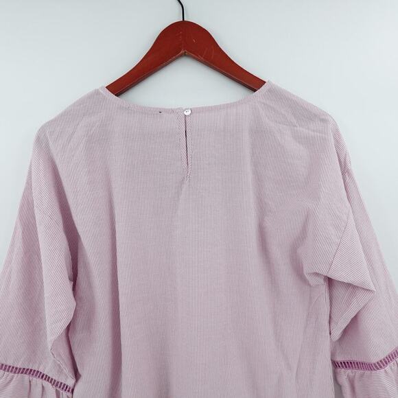 Womens Peplum Top Medium Pink Striped Ruffled Embroidered Cottagecore Modest - Picture 7 of 15